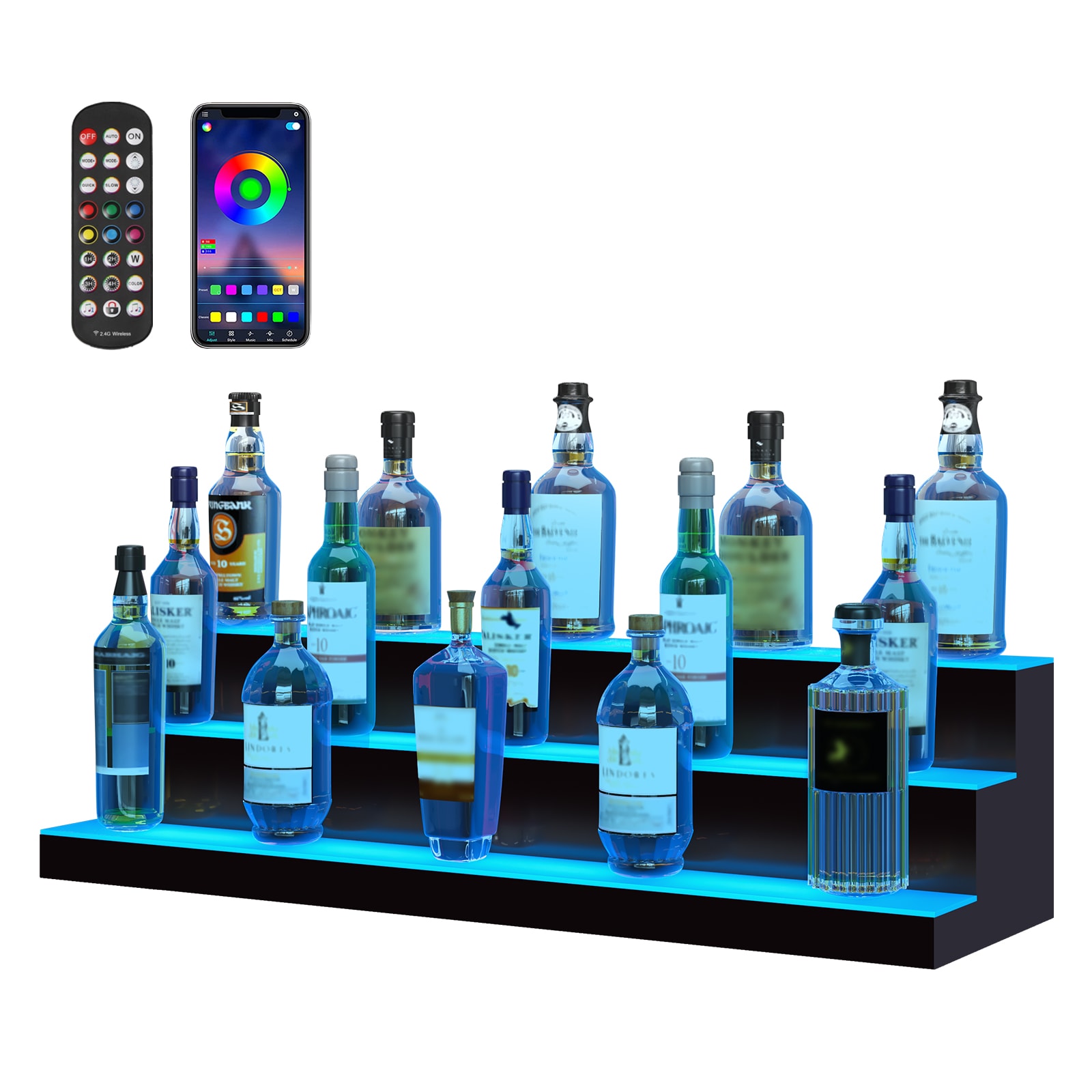 LED Lighted Liquor Bottle Display, 3 Tiers 40 Inches, Illuminated Home Bar Shelf With RF Remote & App Control 7 Static Colors 1-4 H Timing, Acrylic Drinks Lighting Shelf For Holding 30 Bottles_voghion.com